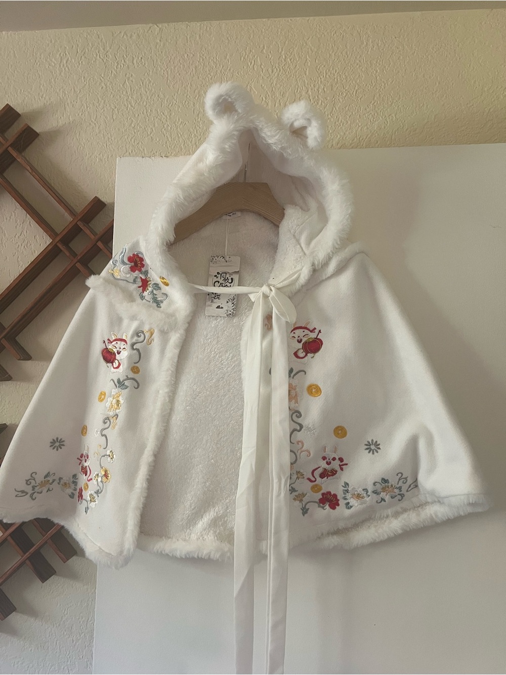 White Embroidered Faux Fur Hooded Cape for Kids